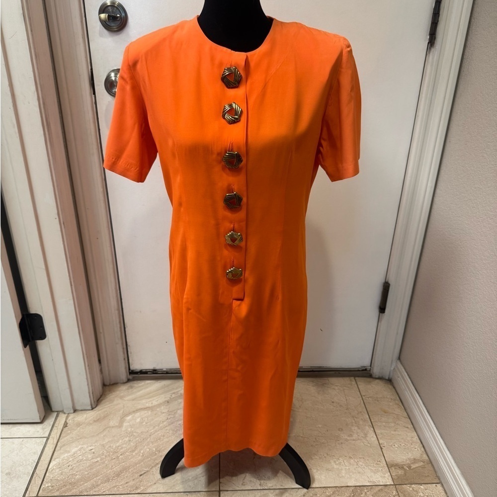 Vintage Orange Pencil Dress large brass colored buttons, shoulder pads sz 4 fit
